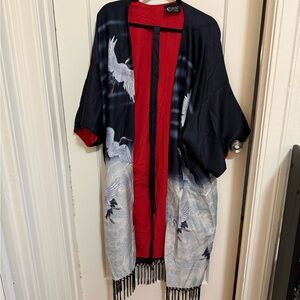 Black, Grey, White, and Red Crane Midnight Hour Goth Kimono with belt NWOT